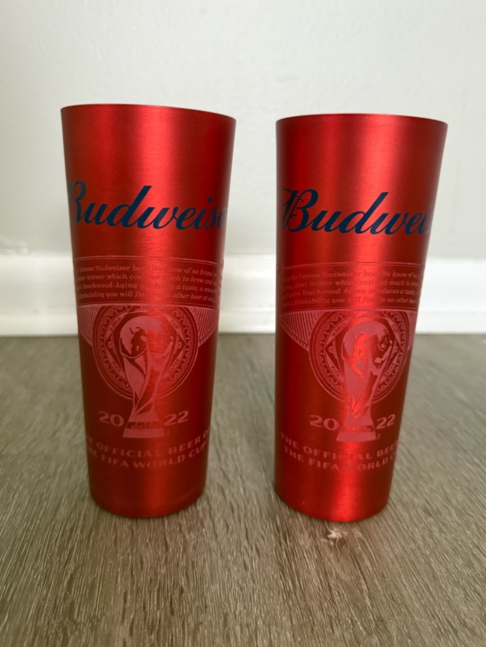 Pair of FIFA World Cup Qatar 2022 Budweiser Original Aluminum Tumblers Glasses - Picture 1 of 3